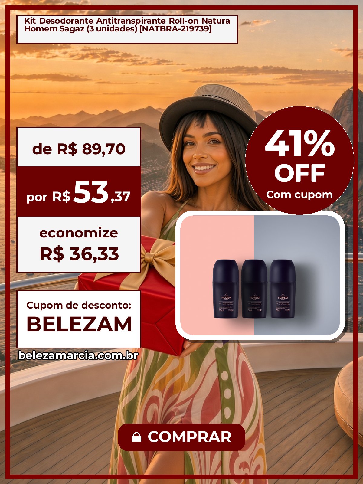 Kit Desodorante Antitranspirante Roll-on Natura Homem Sagaz (3 unidades) [NATBRA-219739]