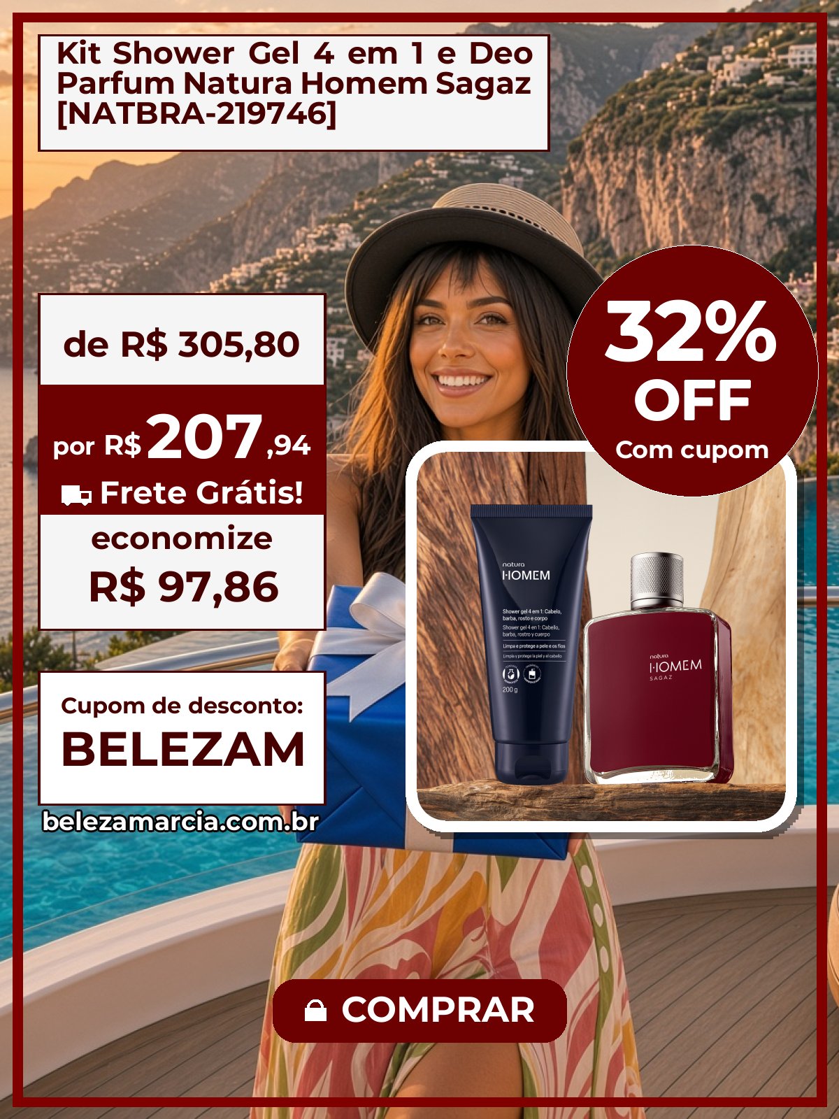 Kit Shower Gel 4 em 1 e Deo Parfum Natura Homem Sagaz [NATBRA-219746]