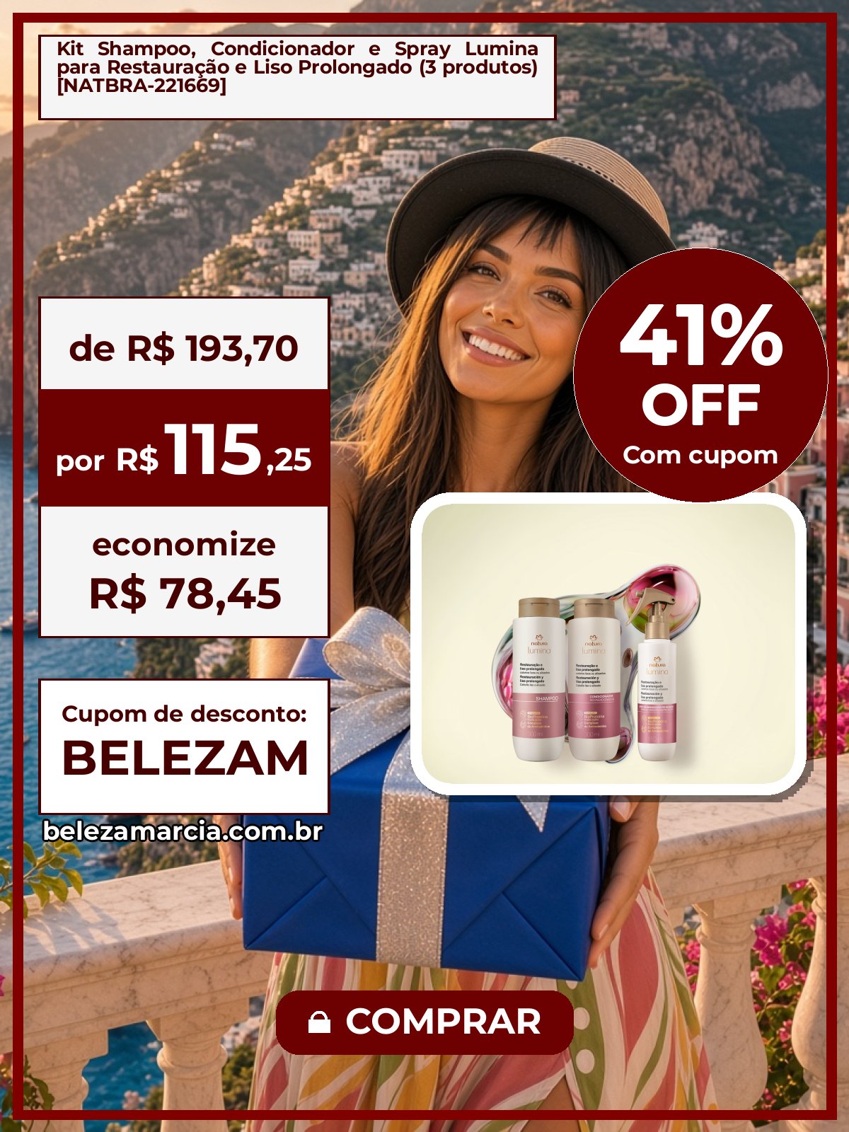 Kit Shampoo, Condicionador e Spray Lumina para Restauração e Liso Prolongado (3 produtos) [NATBRA-221669]