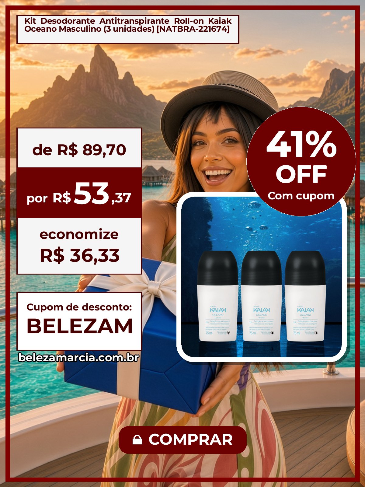 Kit Desodorante Antitranspirante Roll-on Kaiak Oceano Masculino (3 unidades) [NATBRA-221674]