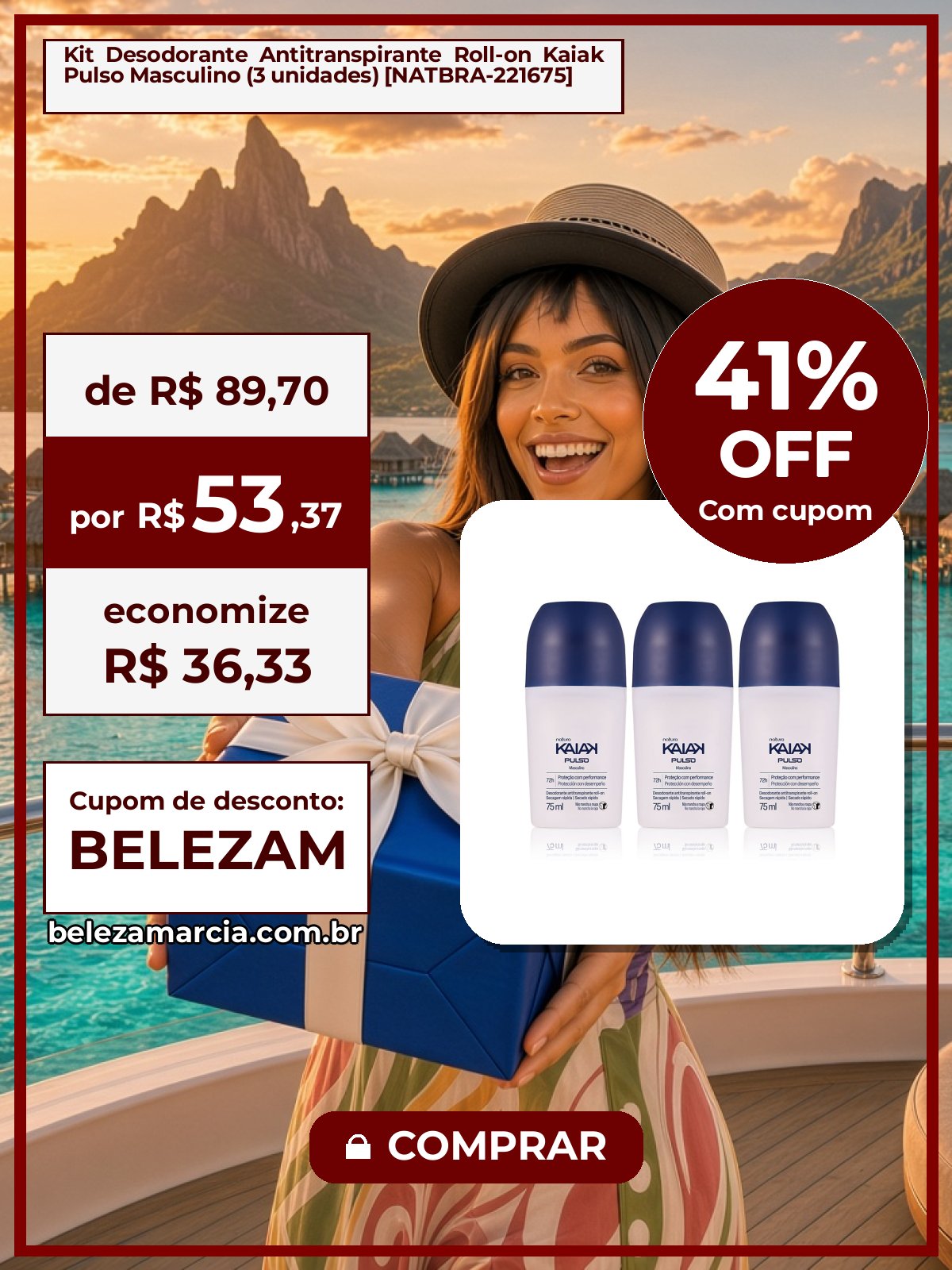 Kit Desodorante Antitranspirante Roll-on Kaiak Pulso Masculino (3 unidades) [NATBRA-221675]