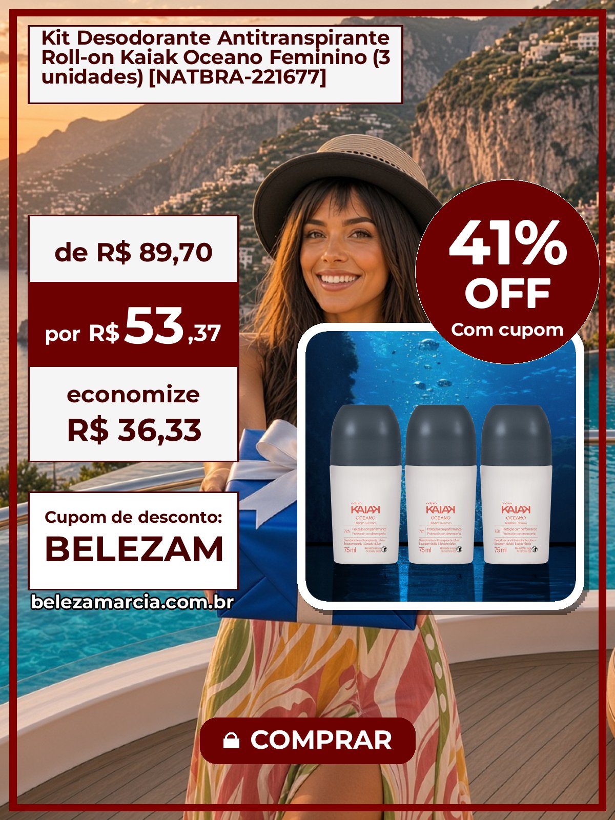 Kit Desodorante Antitranspirante Roll-on Kaiak Oceano Feminino (3 unidades) [NATBRA-221677]