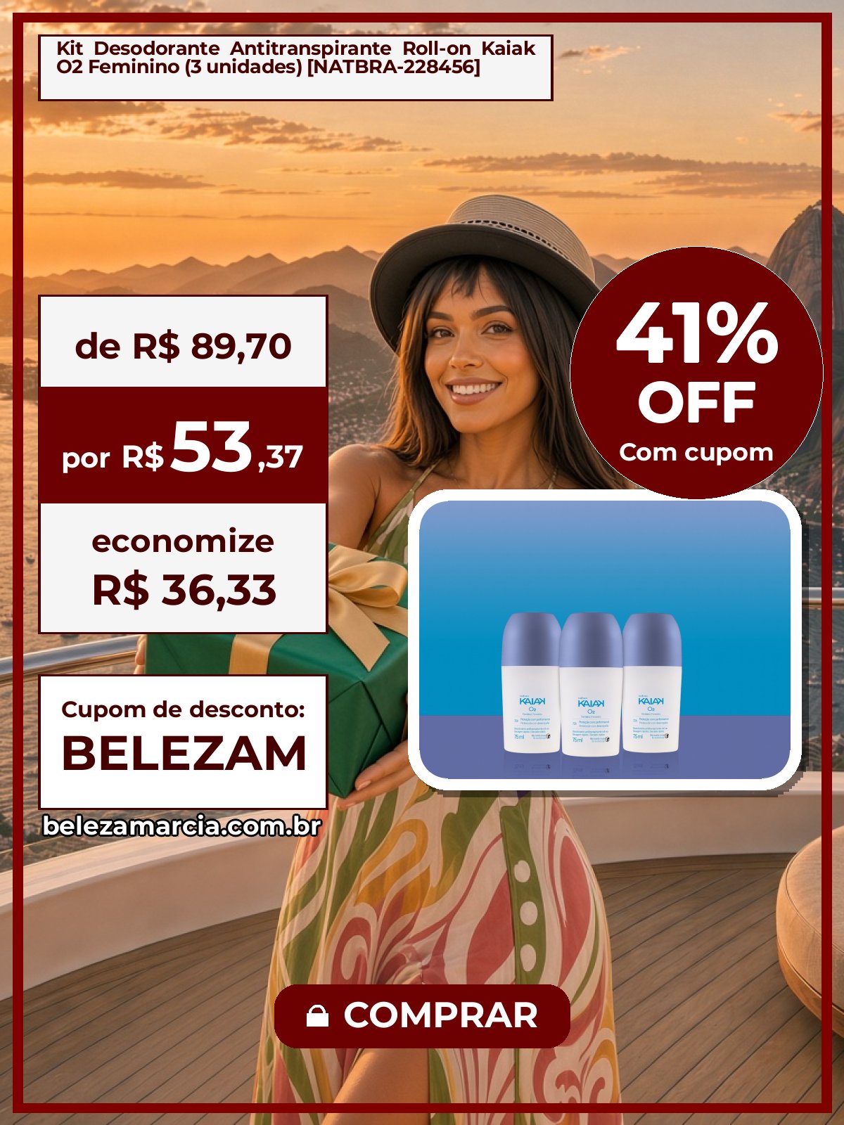 Kit Desodorante Antitranspirante Roll-on Kaiak O2 Feminino (3 unidades) [NATBRA-228456]
