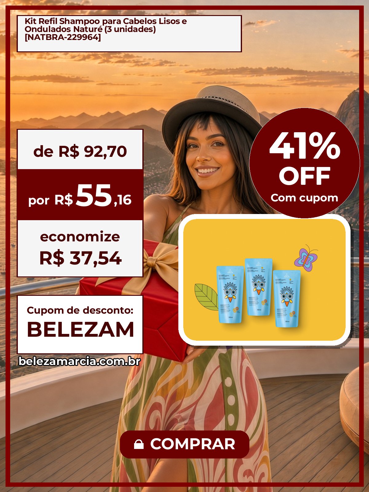 Kit Refil Shampoo para Cabelos Lisos e Ondulados Naturé (3 unidades) [NATBRA-229964]