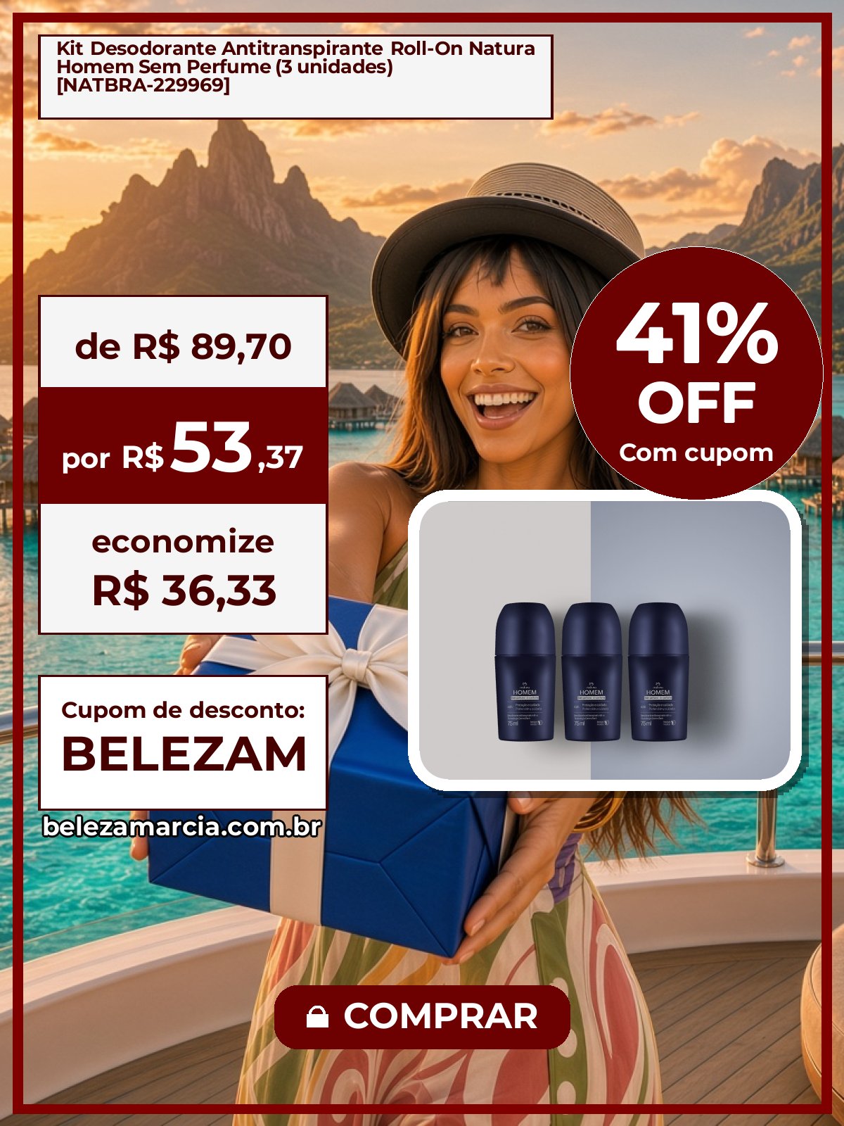 Kit Desodorante Antitranspirante Roll-On Natura Homem Sem Perfume (3 unidades) [NATBRA-229969]