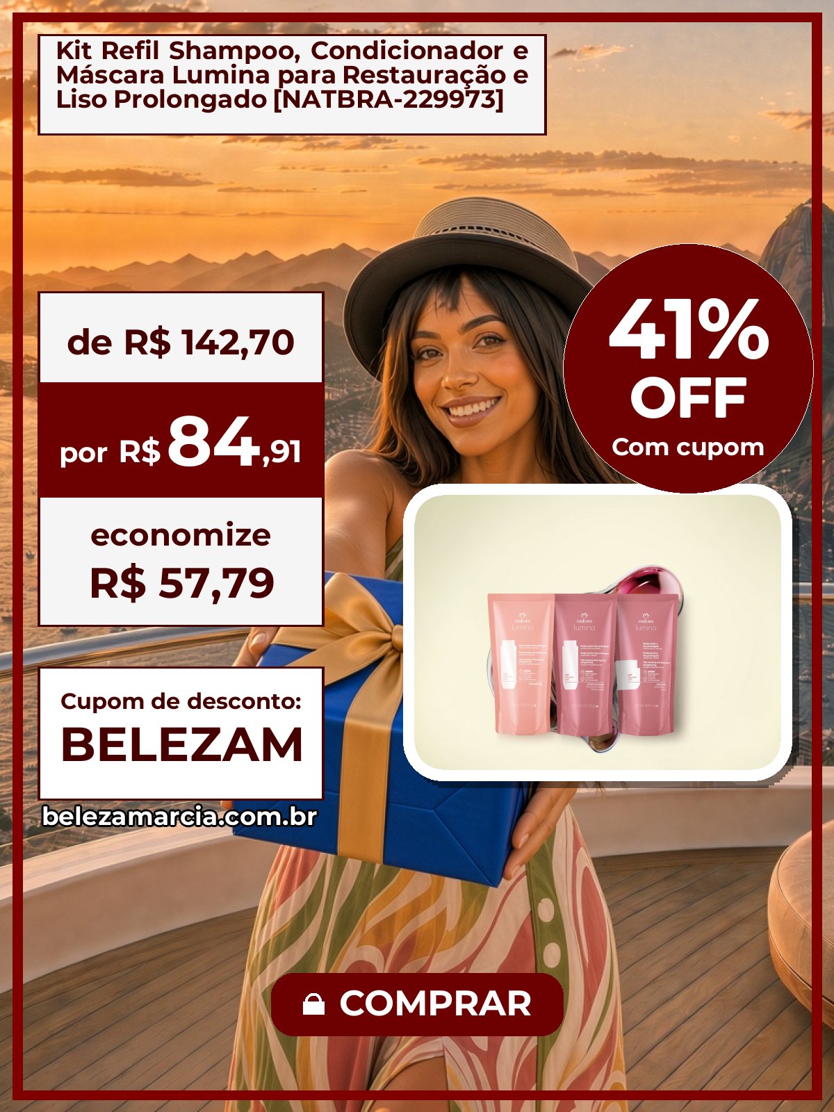 Kit Refil Shampoo, Condicionador e Máscara Lumina para Restauração e Liso Prolongado [NATBRA-229973]