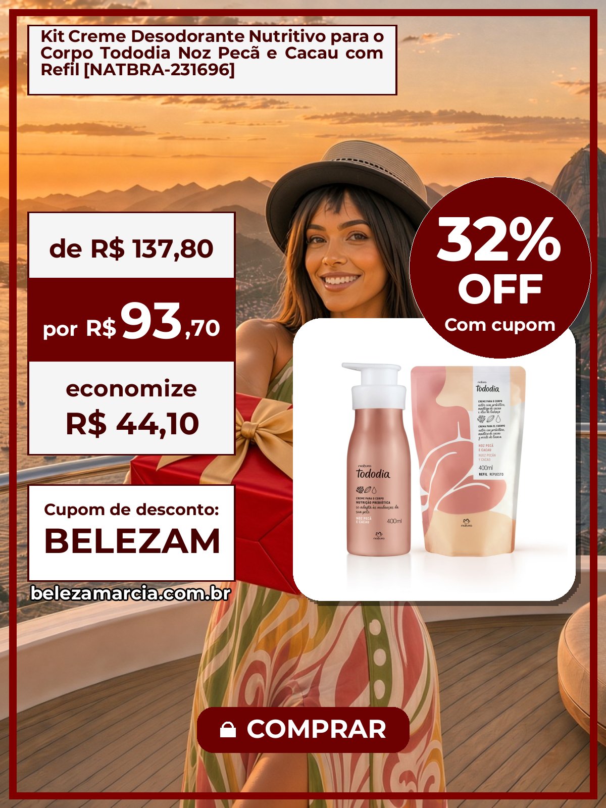 Kit Creme Desodorante Nutritivo para o Corpo Tododia Noz Pecã e Cacau com Refil [NATBRA-231696]