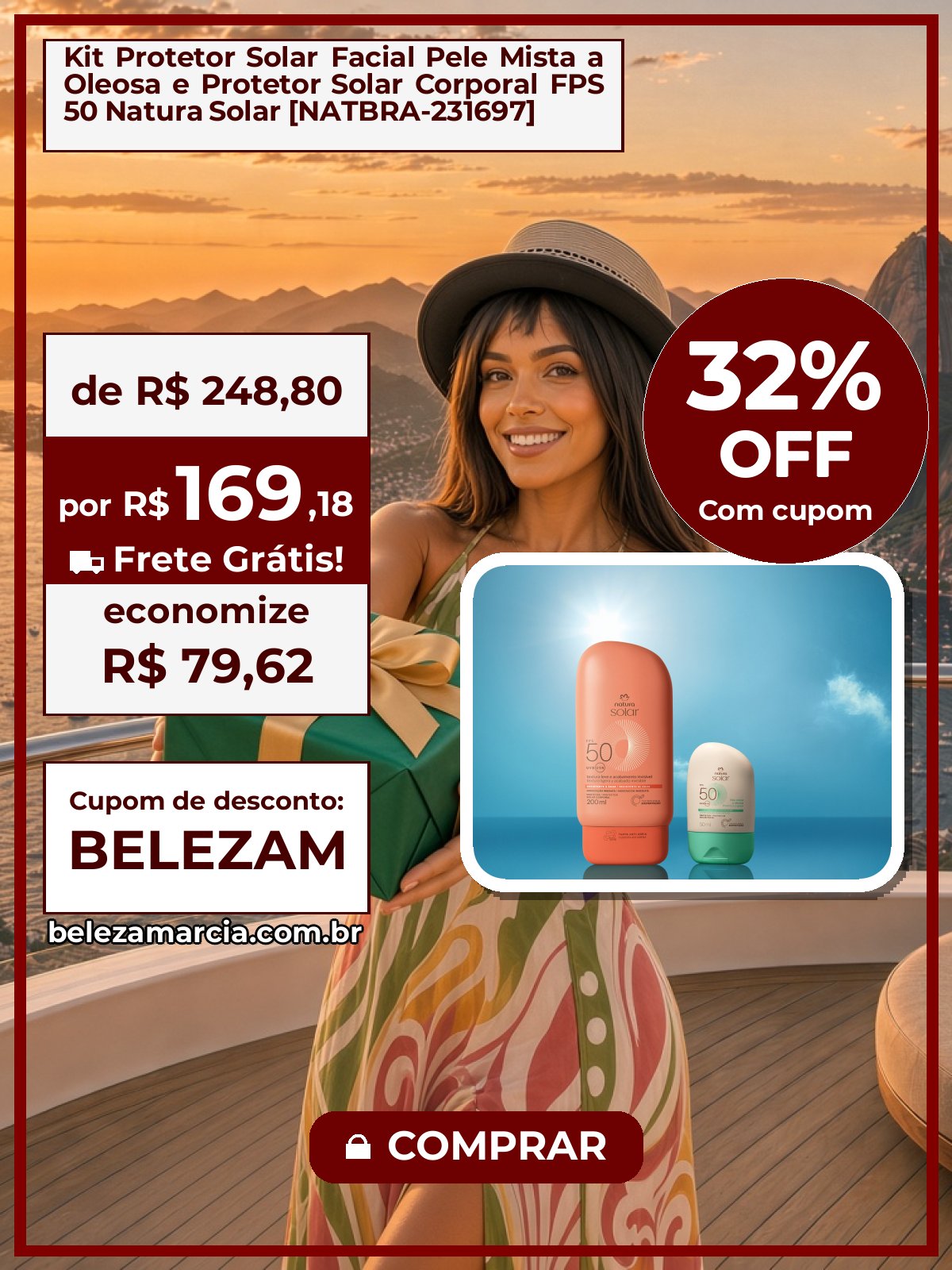 Kit Protetor Solar Facial Pele Mista a Oleosa e Protetor Solar Corporal FPS 50 Natura Solar [NATBRA-231697]