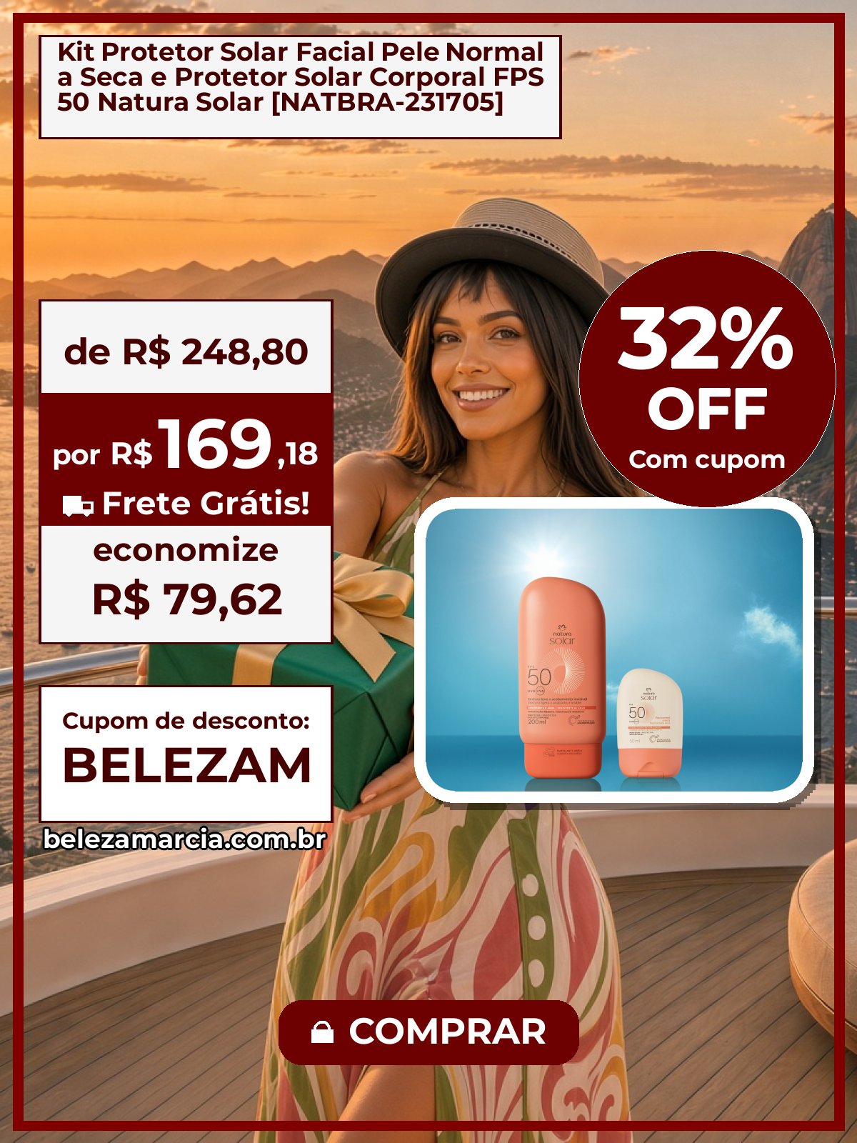 Kit Protetor Solar Facial Pele Normal a Seca e Protetor Solar Corporal FPS 50 Natura Solar [NATBRA-231705]