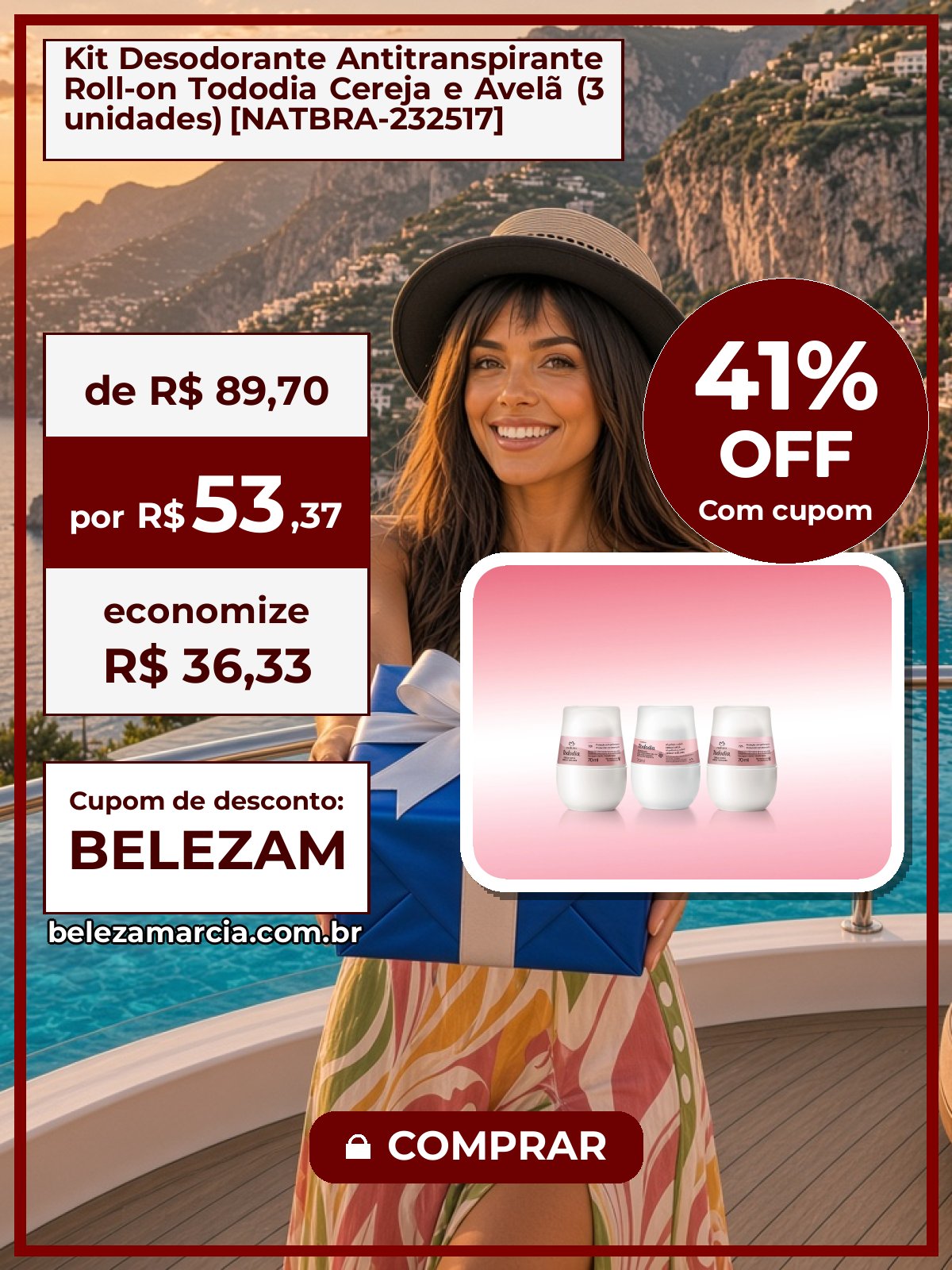 Kit Desodorante Antitranspirante Roll-on Tododia Cereja e Avelã (3 unidades) [NATBRA-232517]
