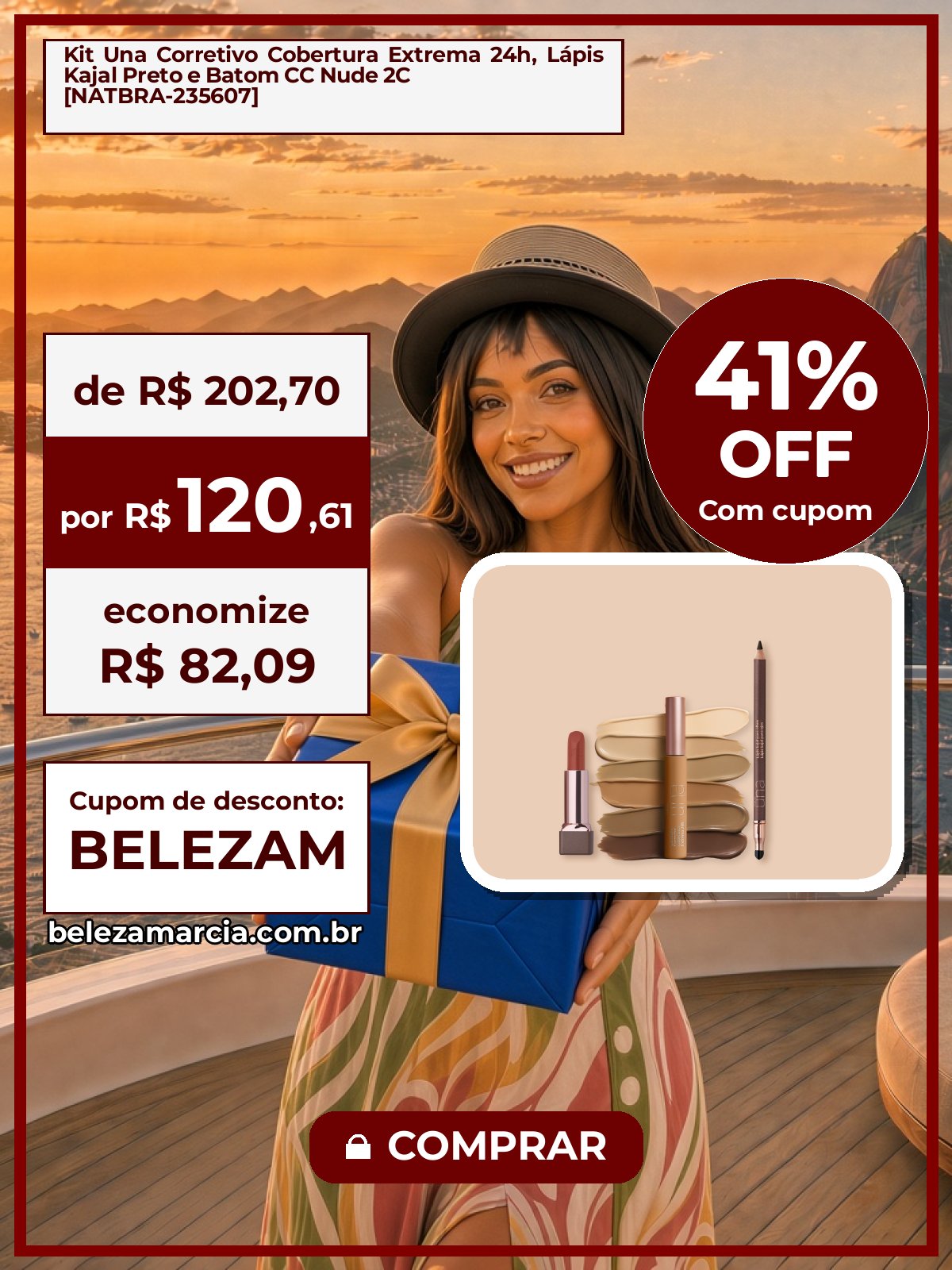 Kit Una Corretivo Cobertura Extrema 24h, Lápis Kajal Preto e Batom CC Nude 2C [NATBRA-235607]