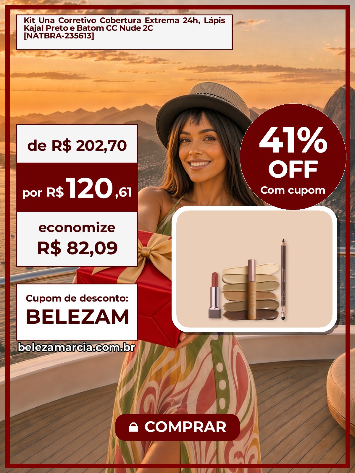 Kit Una Corretivo Cobertura Extrema 24h, Lápis Kajal Preto e Batom CC Nude 2C [NATBRA-235613]