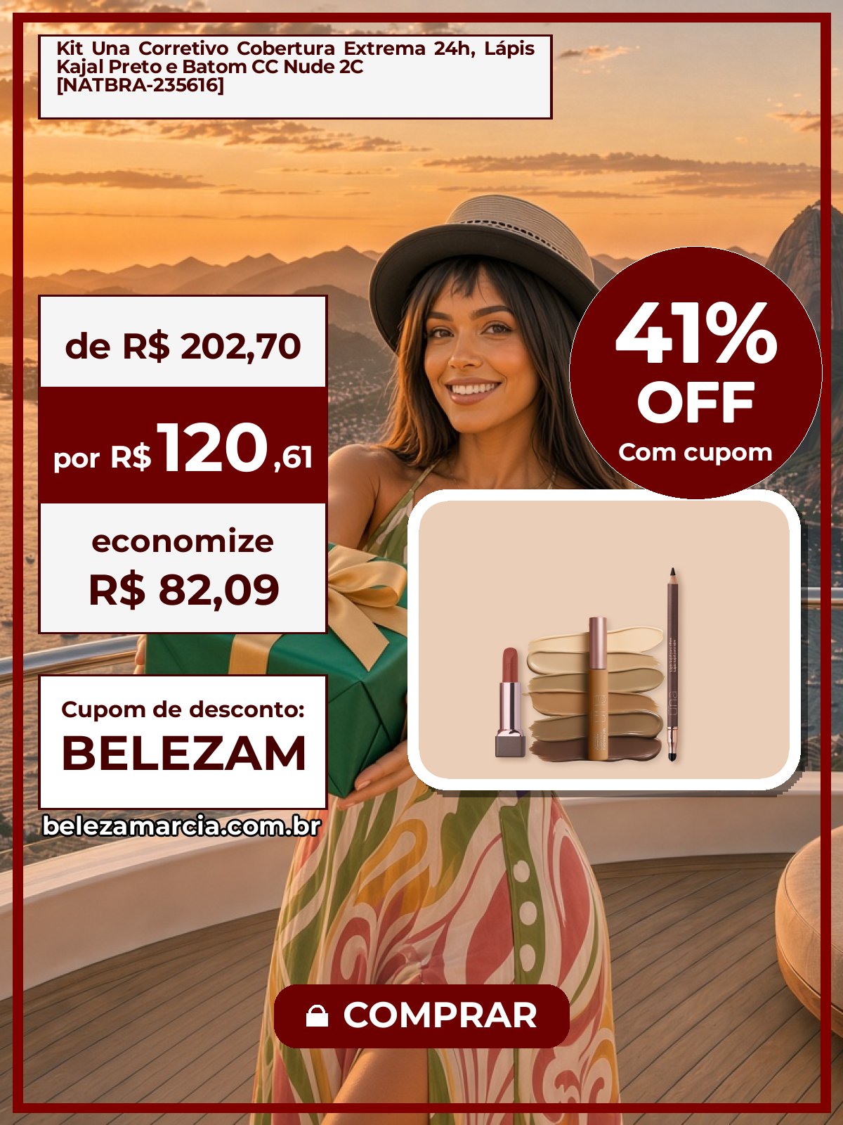 Kit Una Corretivo Cobertura Extrema 24h, Lápis Kajal Preto e Batom CC Nude 2C [NATBRA-235616]