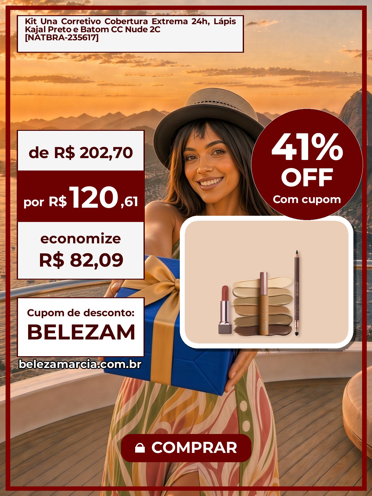 Kit Una Corretivo Cobertura Extrema 24h, Lápis Kajal Preto e Batom CC Nude 2C [NATBRA-235617]