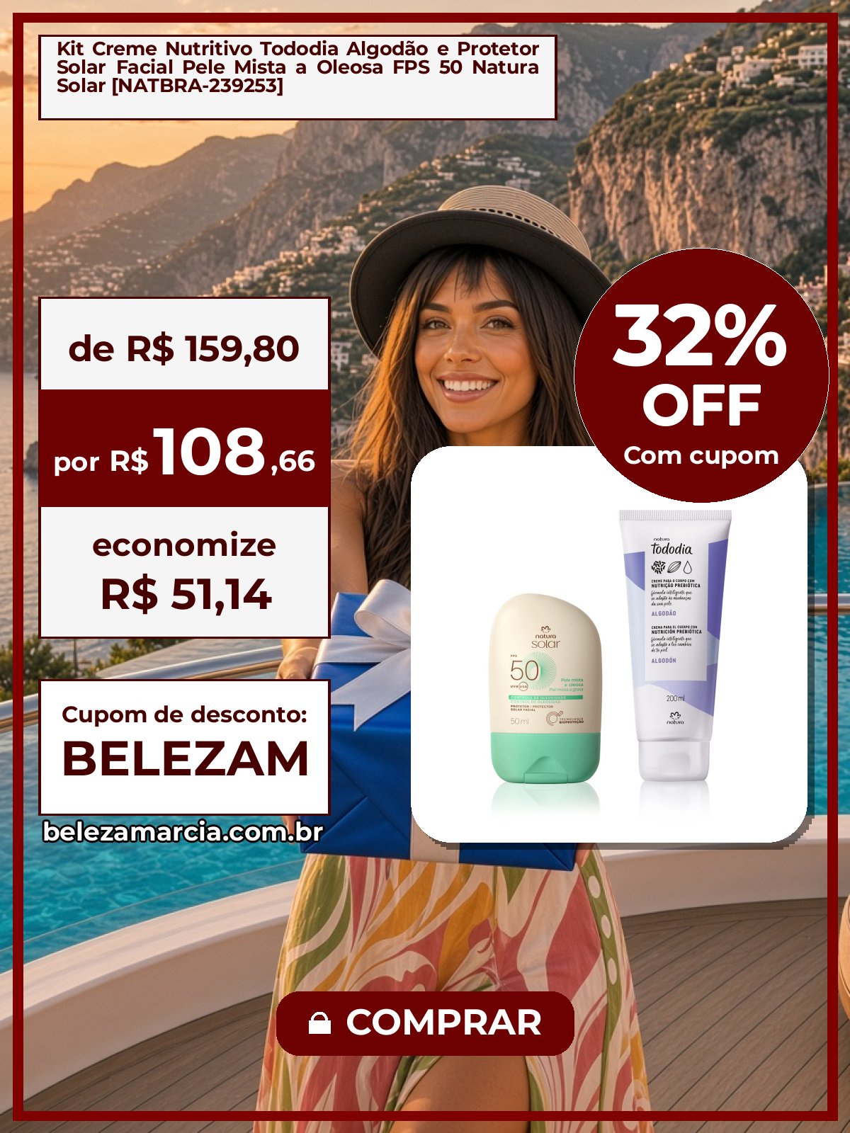 Kit Creme Nutritivo Tododia Algodão e Protetor Solar Facial Pele Mista a Oleosa FPS 50 Natura Solar [NATBRA-239253]