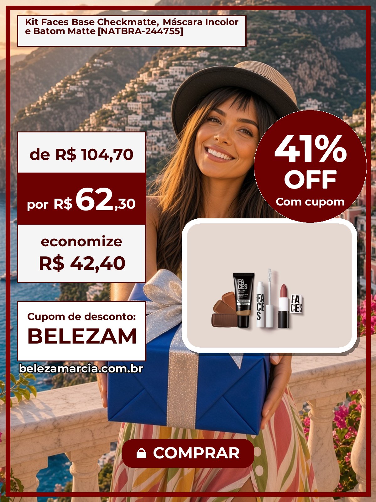 Kit Faces Base Checkmatte, Máscara Incolor e Batom Matte [NATBRA-244755]