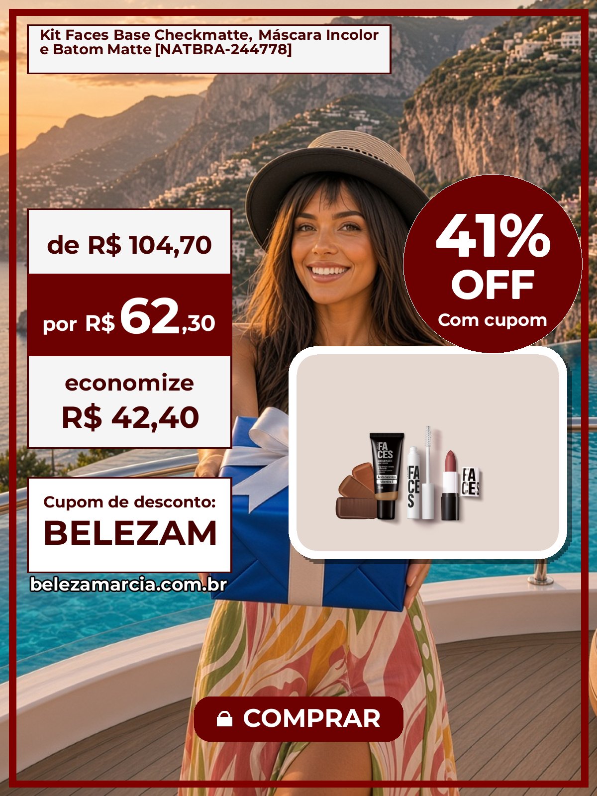Kit Faces Base Checkmatte, Máscara Incolor e Batom Matte [NATBRA-244778]