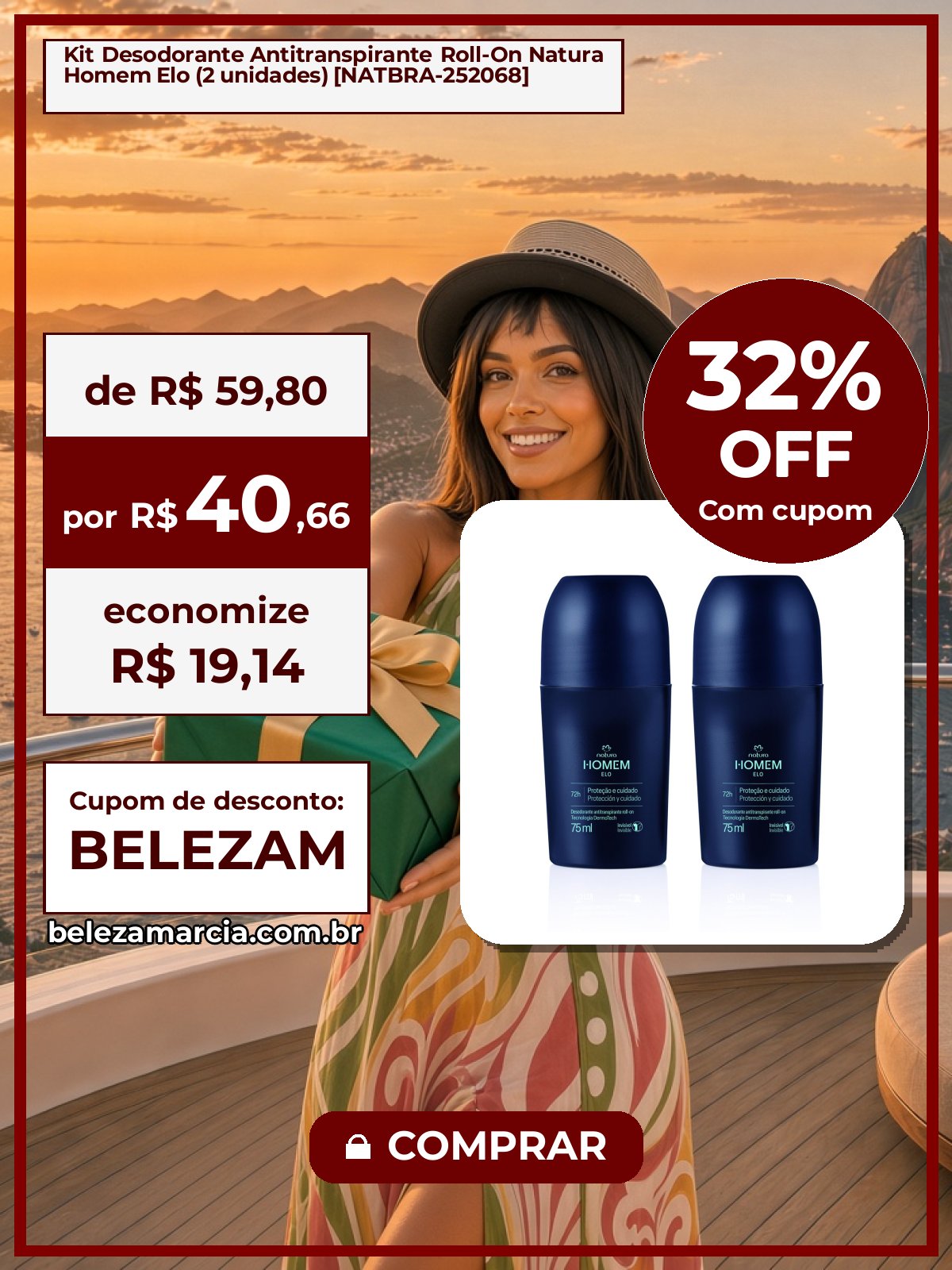Kit Desodorante Antitranspirante Roll-On Natura Homem Elo (2 unidades) [NATBRA-252068]