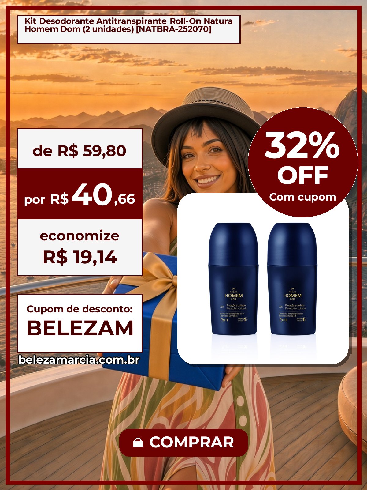 Kit Desodorante Antitranspirante Roll-On Natura Homem Dom (2 unidades) [NATBRA-252070]