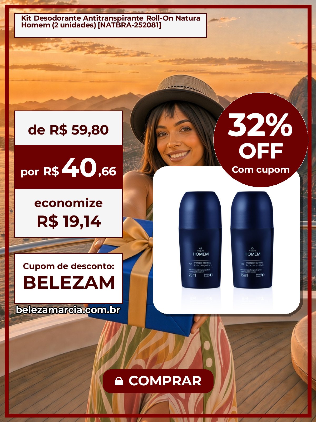 Kit Desodorante Antitranspirante Roll-On Natura Homem (2 unidades) [NATBRA-252081]