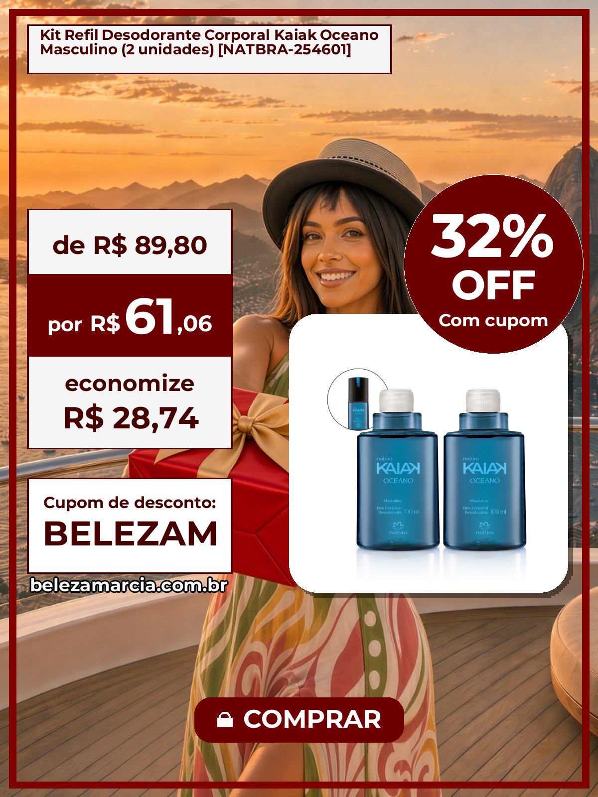 Kit Refil Desodorante Corporal Kaiak Oceano Masculino (2 unidades) [NATBRA-254601]