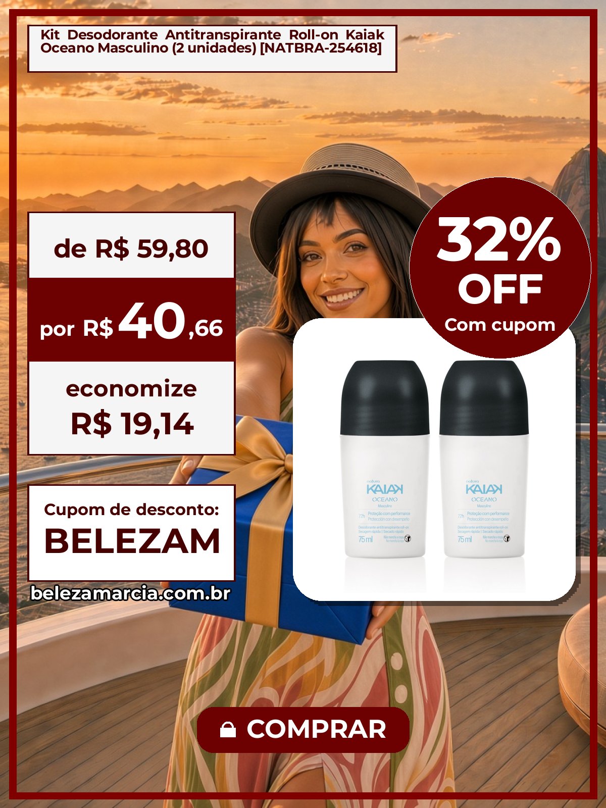Kit Desodorante Antitranspirante Roll-on Kaiak Oceano Masculino (2 unidades) [NATBRA-254618]