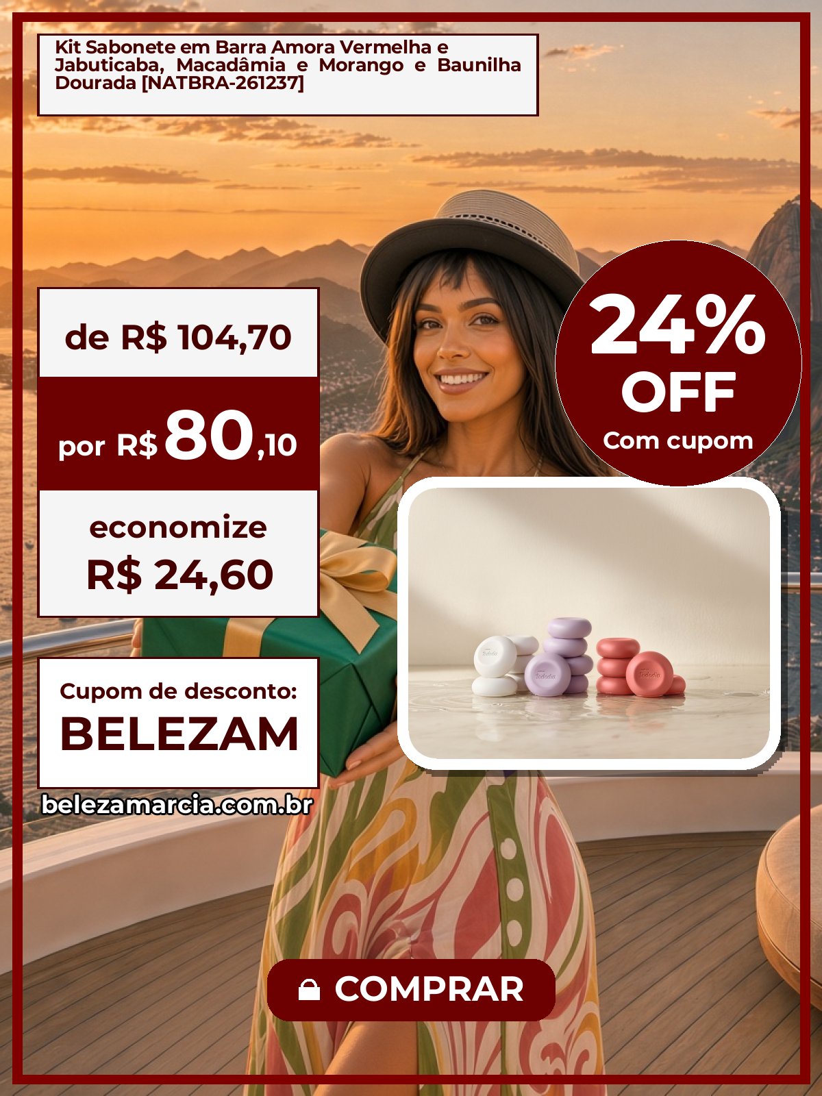 Kit Sabonete em Barra Amora Vermelha e Jabuticaba, Macadâmia e Morango e Baunilha Dourada [NATBRA-261237]