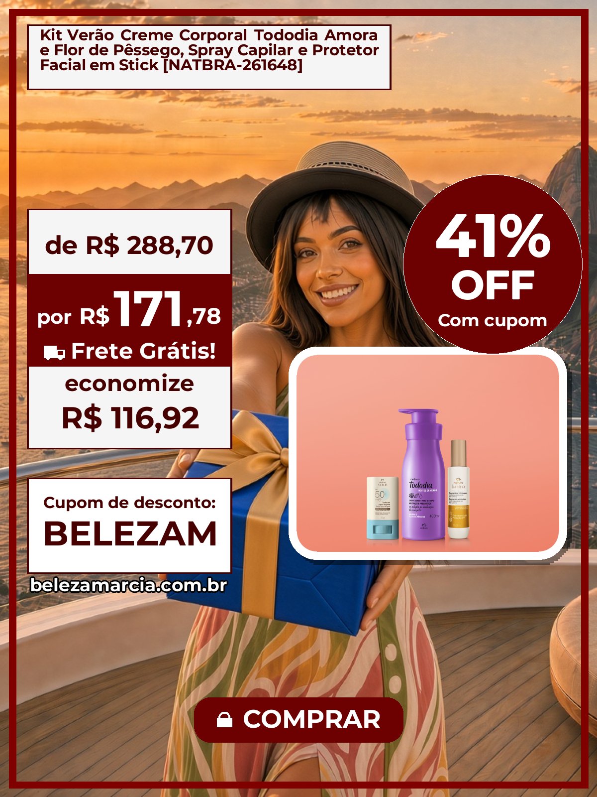 Kit Verão Creme Corporal Tododia Amora e Flor de Pêssego, Spray Capilar e Protetor Facial em Stick [NATBRA-261648]