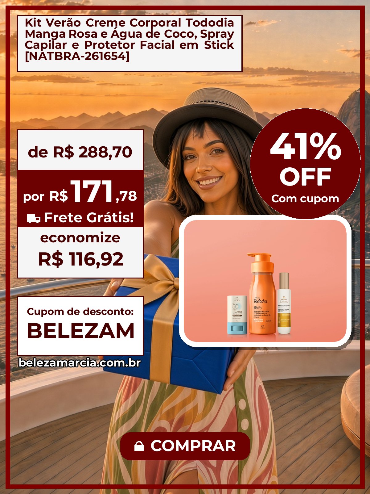 Kit Verão Creme Corporal Tododia Manga Rosa e Água de Coco, Spray Capilar e Protetor Facial em Stick [NATBRA-261654]