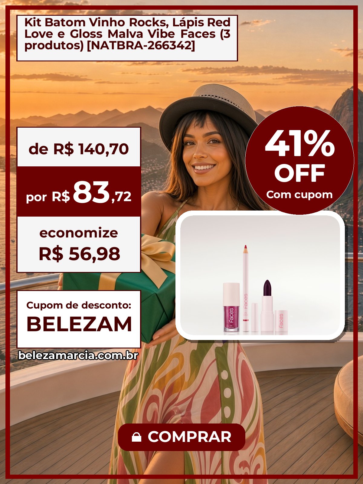 Kit Batom Vinho Rocks, Lápis Red Love e Gloss Malva Vibe Faces (3 produtos) [NATBRA-266342]