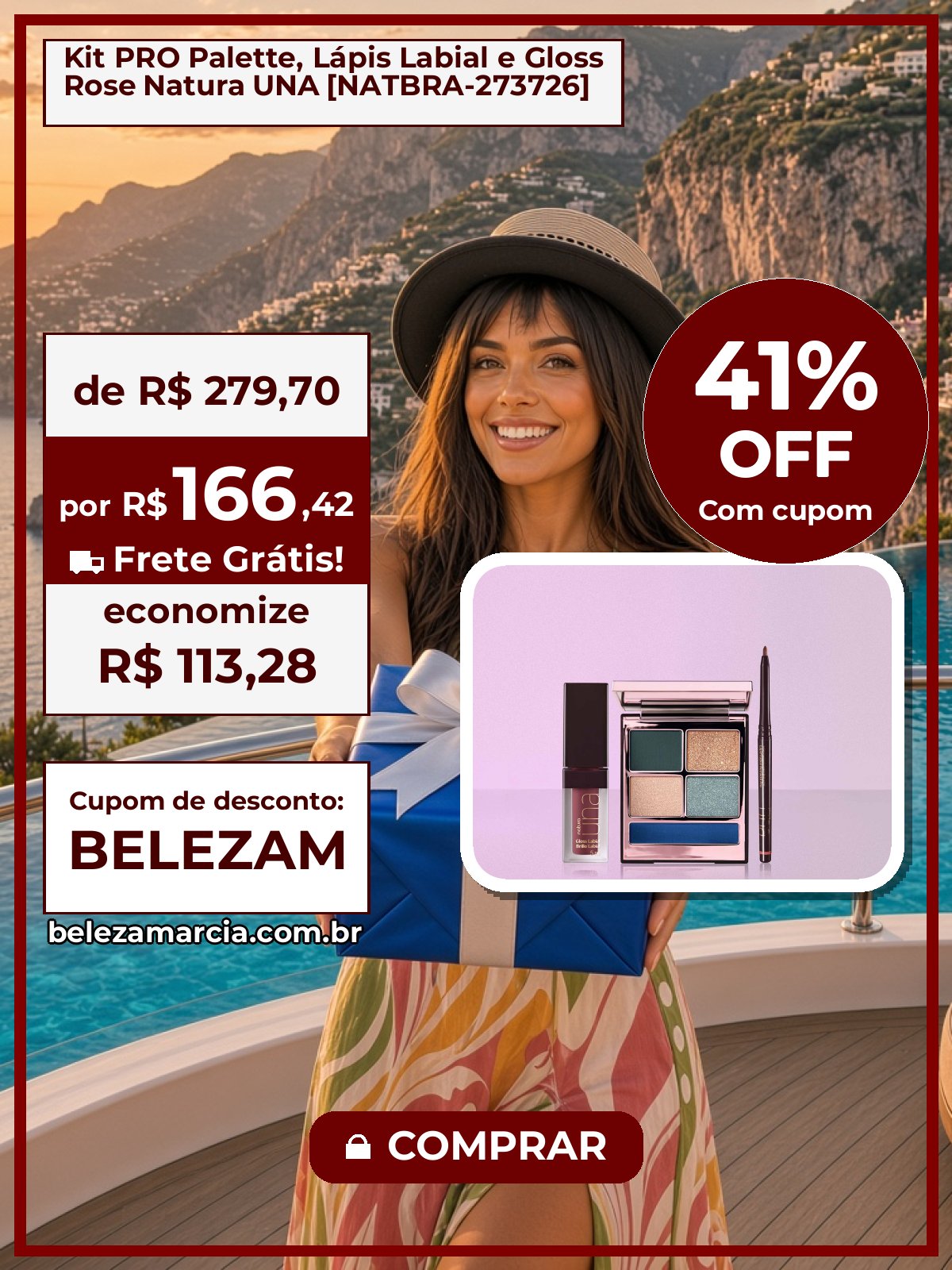 Kit PRO Palette, Lápis Labial e Gloss Rose Natura UNA [NATBRA-273726]