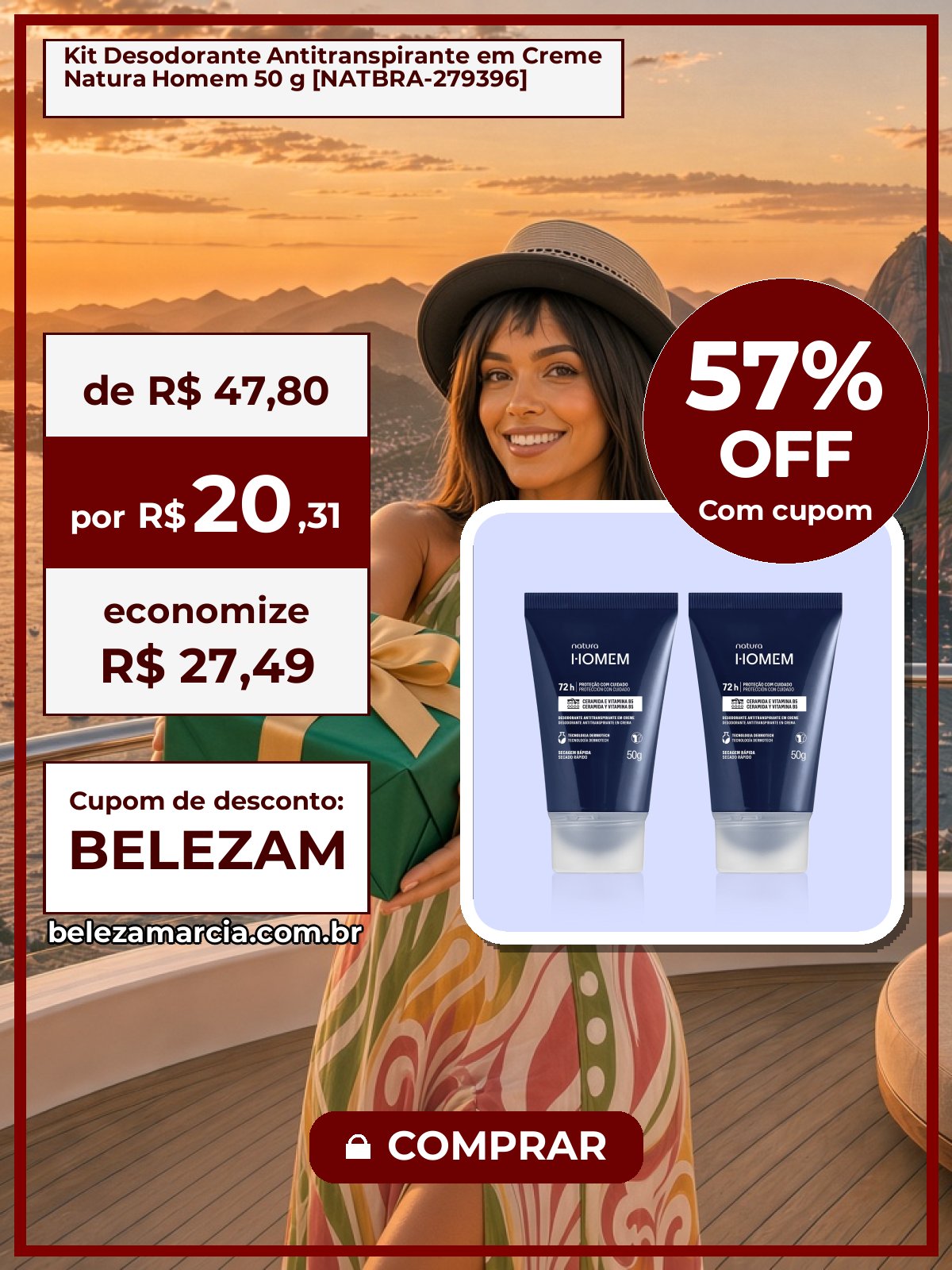 Kit Desodorante Antitranspirante em Creme Natura Homem 50 g [NATBRA-279396]