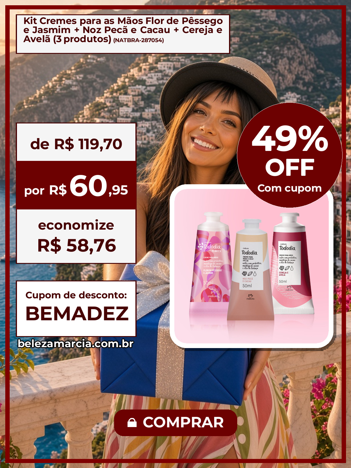 Kit Cremes para as Mãos Flor de Pêssego e Jasmim + Noz Pecã e Cacau + Cereja e Avelã (3 produtos)
