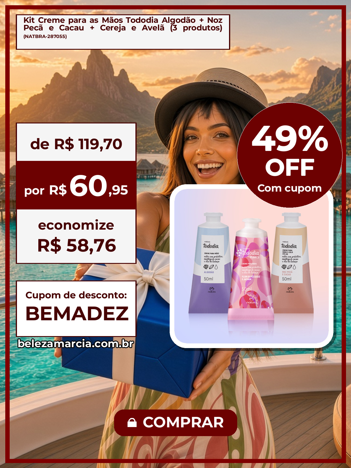 Kit Creme para as Mãos Tododia Algodão + Noz Pecã e Cacau + Cereja e Avelã (3 produtos)