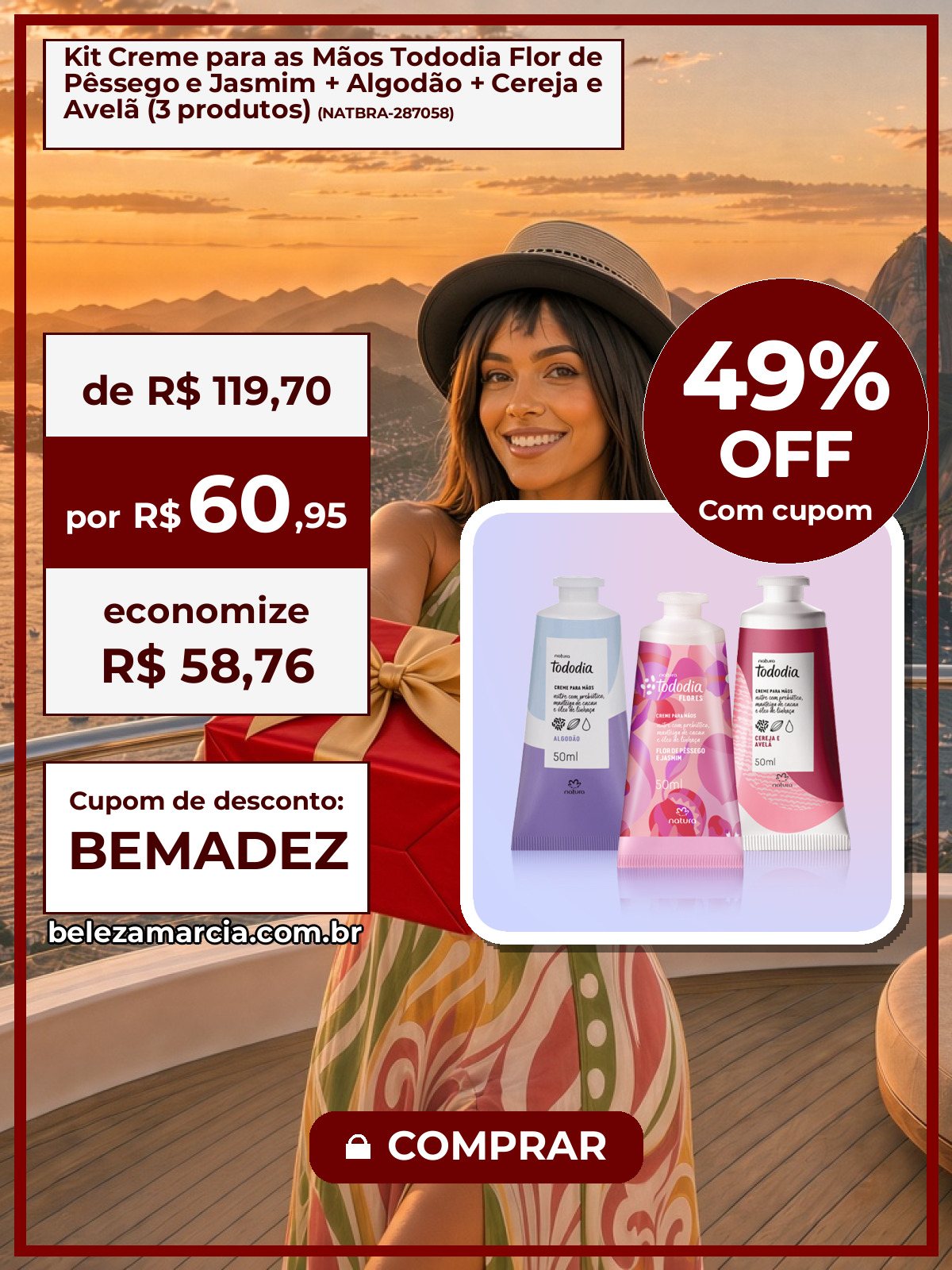 Kit Creme para as Mãos Tododia Flor de Pêssego e Jasmim + Algodão + Cereja e Avelã (3 produtos)