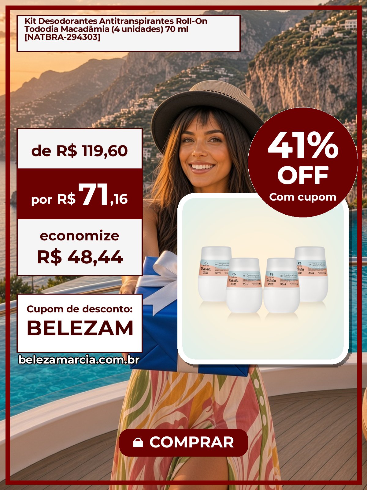 Kit Desodorantes Antitranspirantes Roll-On Tododia Macadâmia (4 unidades) 70 ml [NATBRA-294303]