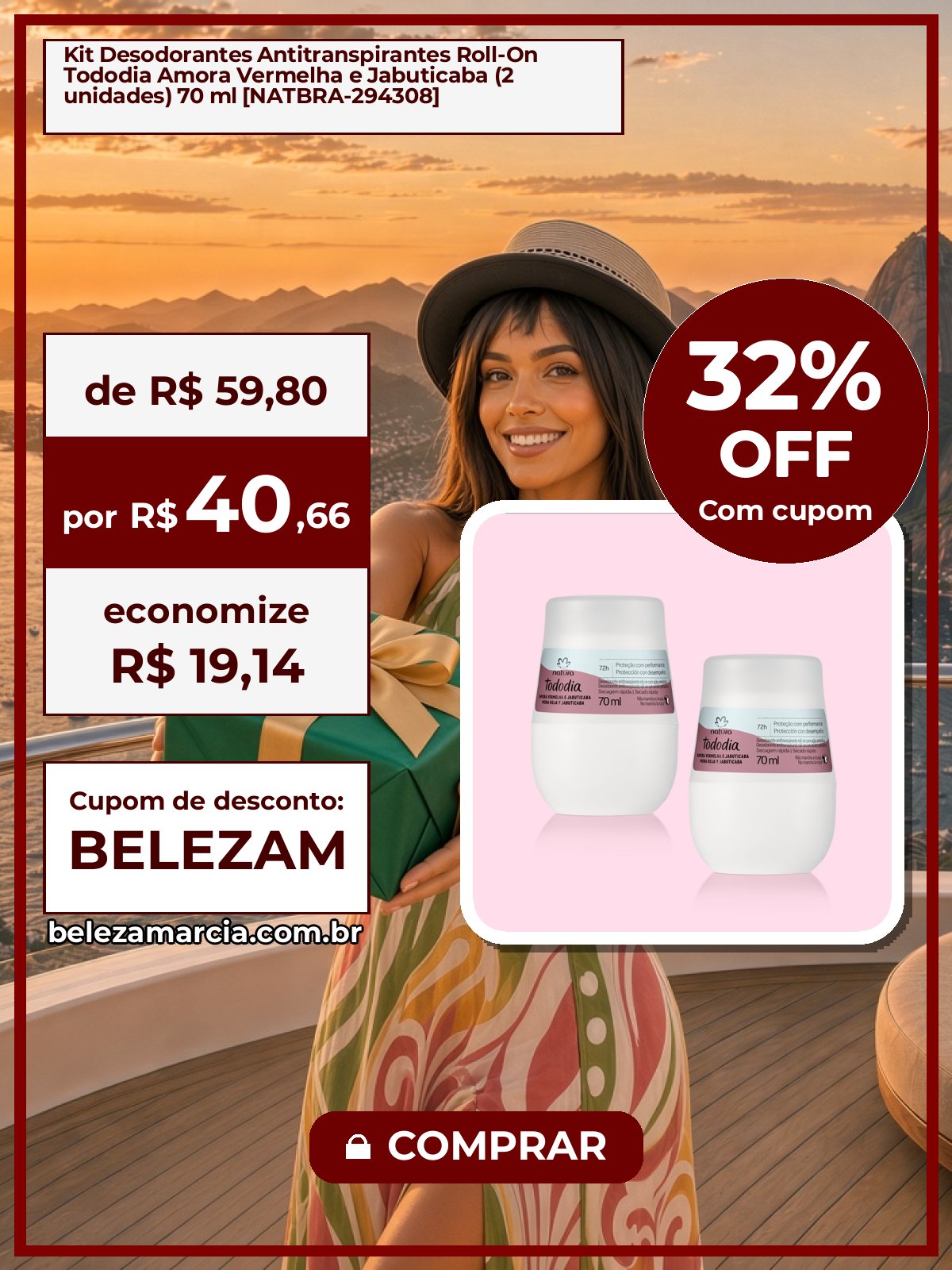 Kit Desodorantes Antitranspirantes Roll-On Tododia Amora Vermelha e Jabuticaba (2 unidades) 70 ml [NATBRA-294308]