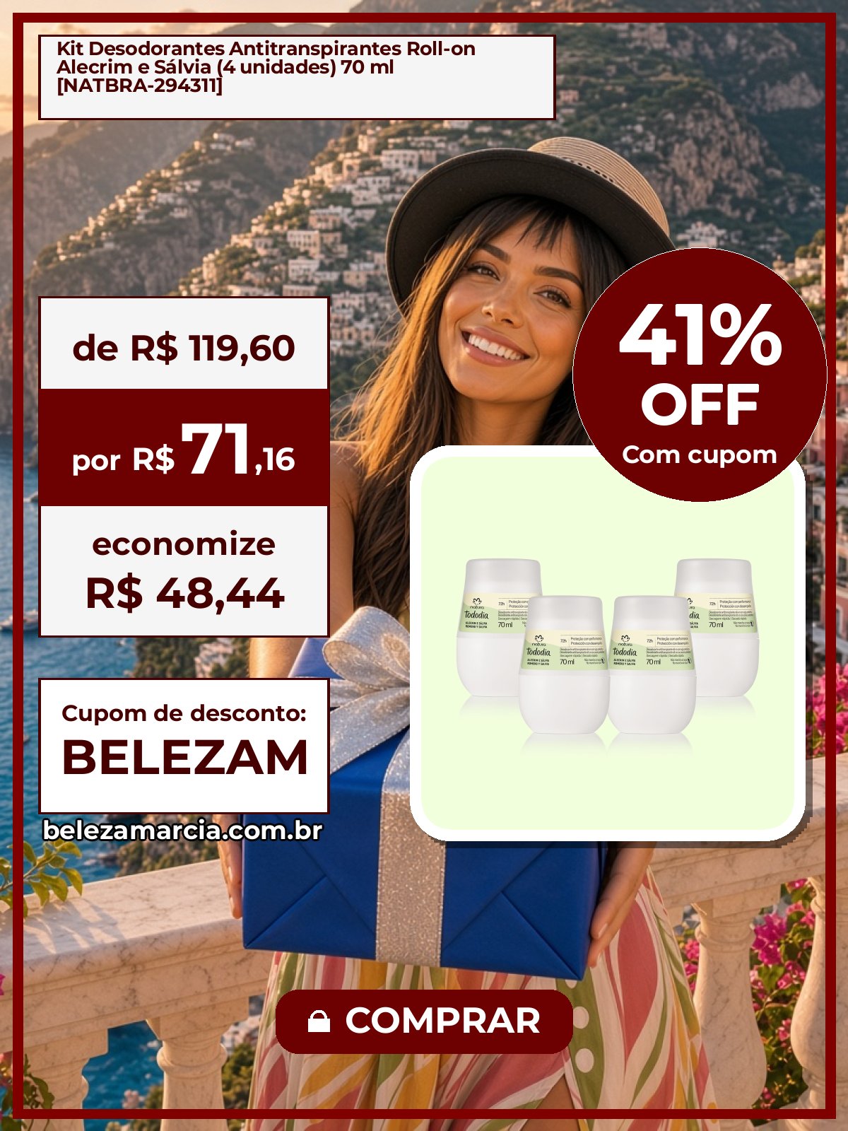 Kit Desodorantes Antitranspirantes Roll-on Alecrim e Sálvia (4 unidades) 70 ml [NATBRA-294311]