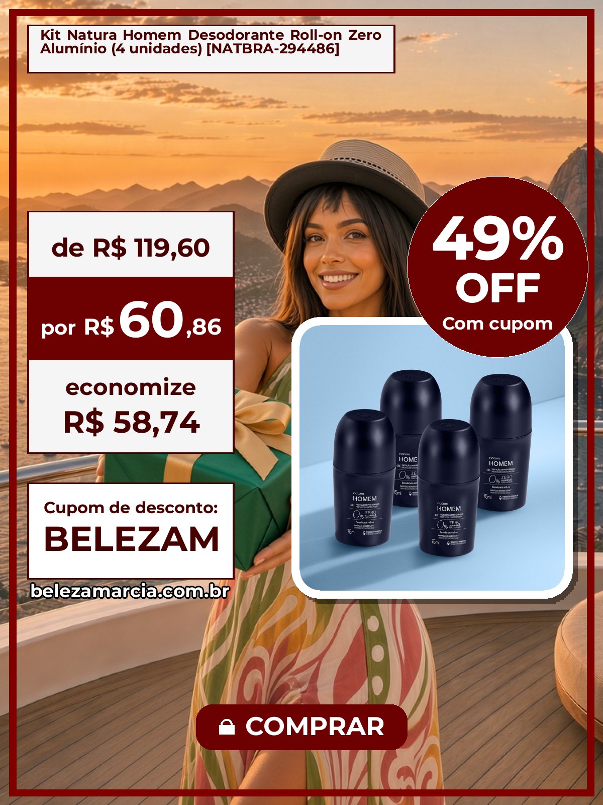 Kit Natura Homem Desodorante Roll-on Zero Alumínio (4 unidades) [NATBRA-294486]