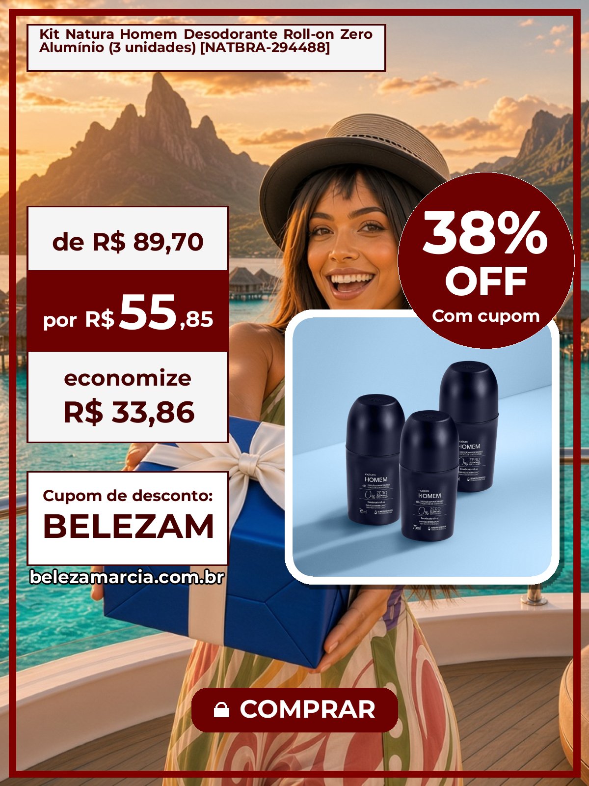 Kit Natura Homem Desodorante Roll-on Zero Alumínio (3 unidades) [NATBRA-294488]