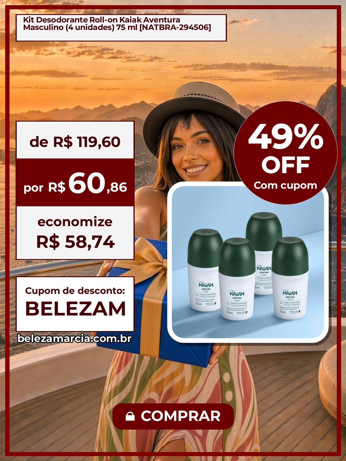 Kit Desodorante Roll-on Kaiak Aventura Masculino (4 unidades) 75 ml [NATBRA-294506]